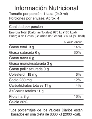 Información nutricional de leche entera en Ecuador