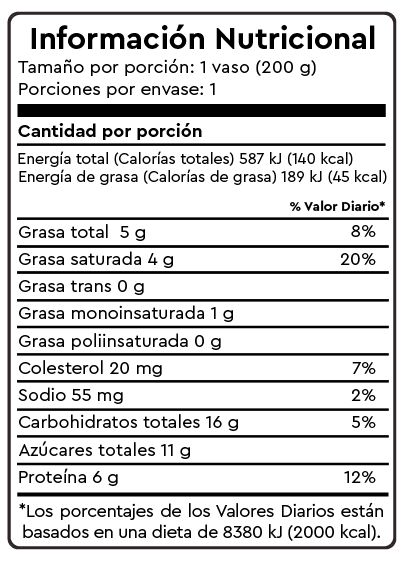Información nutricional de Yogurt Vaiilla con Acai de 200g en Quito